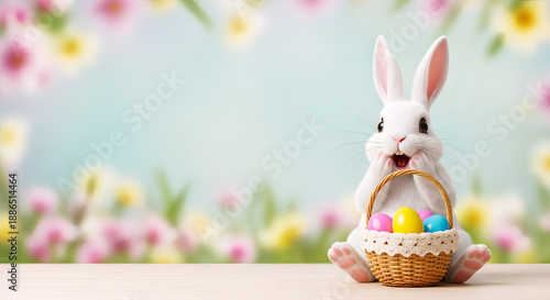 Springtime Bunny Basket: Adorable bunny with vibrant painted eggs in a woven basket, set against a cheerful pastel floral backdrop. Perfect for capturing the essence of spring and Easter!