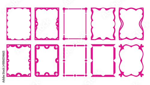 Collection of ornamental borders in pink color isolated on white.