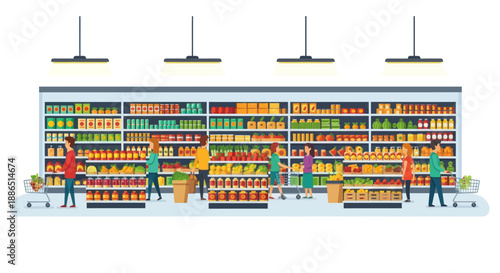 Busy Supermarket Aisle with Shoppers and Full Shelves.