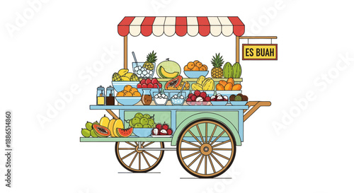 Colorful Fruit Cart Laden with Fresh Produce and Refreshing Drinks.