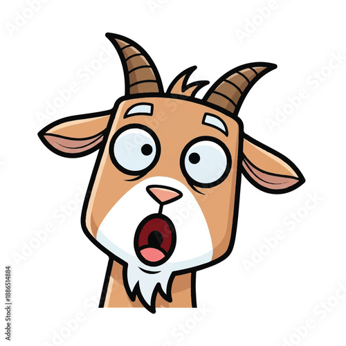 A cartoon goat with surprised expression and wide eyes looking directly at the viewer