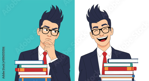 Collage showing a young man with trendy hair and glasses thinking seriously and then laughing joyfully beside a tall stack of colorful books.