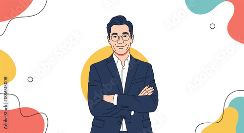 Successful middle-aged businessman with glasses and crossed arms smiles confidently against a white background featuring colorful abstract blobs.