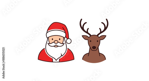 Simple cartoon icons of Santa Claus and a reindeer festive Christmas character illustrations.