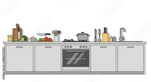 Kitchen Counter with Appliances Utensils and Food Ingredients.