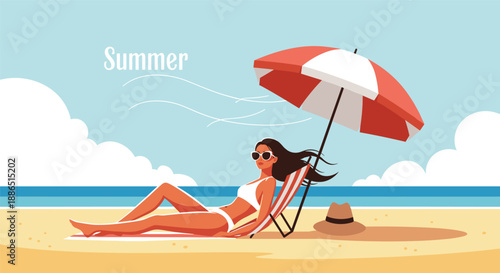 Relaxed woman in a white bikini sunbathing on a beach chair under a red and white striped umbrella by the blue ocean waves.