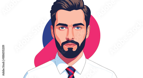 Handsome professional man with a neat beard and stylish suit and tie looks forward against a vibrant pink and blue background.
