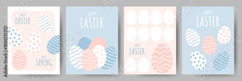 Soft pastel Easter greeting card set with decorated eggs and playful typography. Minimal spring designs ideal for holiday cards, posters, social media, and seasonal promotions