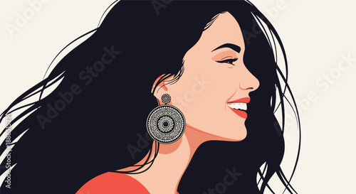 Radiant profile of a woman with long black hair and a joyful smile wearing large circular patterned earrings against a light background.
