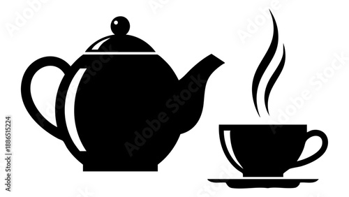 Minimalist black silhouette teapot and steaming cup icon for professional tea branding