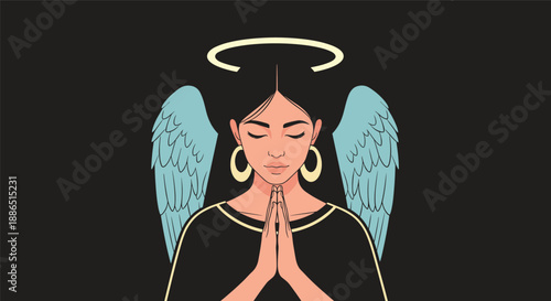 Ethereal woman with blue wings and a golden halo stands with hands pressed together in prayer against a solid black background.