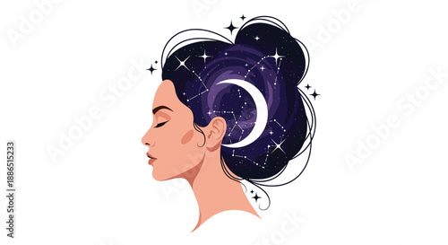 Profile of a serene woman with her hair styled into a dark night sky filled with a crescent moon, constellations, and bright stars.