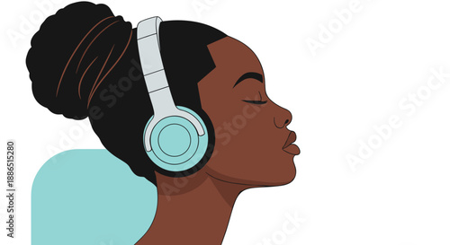 Profile view of a Black woman with eyes closed and hair in a bun listening intently to music through large modern headphones.