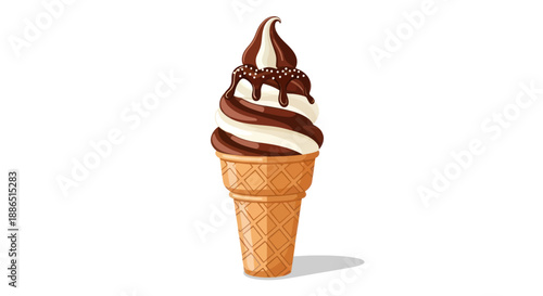 Swirled Chocolate and Vanilla Soft Serve Ice Cream Cone with Chocolate Drizzle.