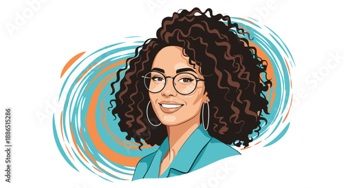 Confident woman with large curly hair and stylish glasses smiles warmly against a swirling blue and orange abstract background.