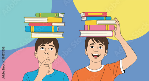 Two young boys balance tall stacks of books on their heads while showing expressions of thoughtful contemplation and joyful success.