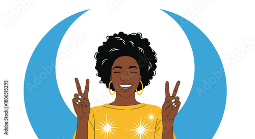 Happy Black woman with a natural afro hairstyle wears a yellow sweater and makes peace signs with both hands against blue shapes.