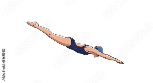 Athletic female swimmer in a navy blue competition swimsuit performs a graceful dive through the air against a plain white background.