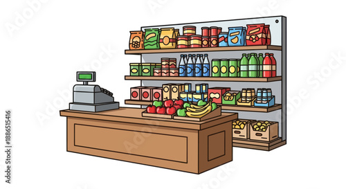 A colorful illustration of a grocery store checkout counter with shelves stocked with products.