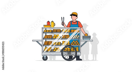 Street Food Vendor Selling Fried Snacks from a Push Cart.