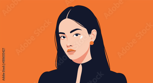 Portrait of a stylish young Asian woman with long black hair and a single orange earring posing against a vibrant solid orange background.