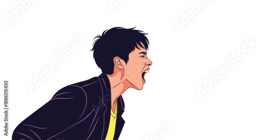 Young man in a dark jacket shouts with an intense expression of anger or frustration in a side profile view against a white background.