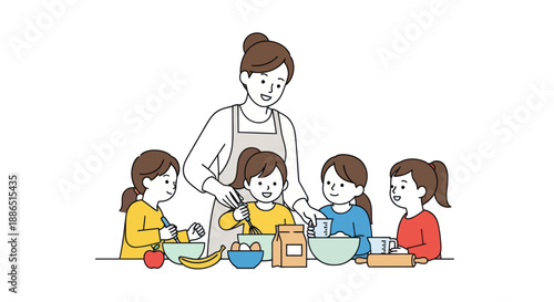 A female teacher and four young girls in a fun hands-on cooking class illustration.
