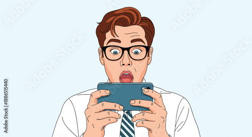 Shocked businessman with glasses looks at his smartphone with a wide open mouth and surprised eyes expressing disbelief at news.