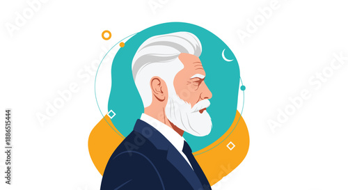 Elegant profile of a mature man with a perfectly groomed white beard and hair wearing a navy suit against an abstract geometric background.