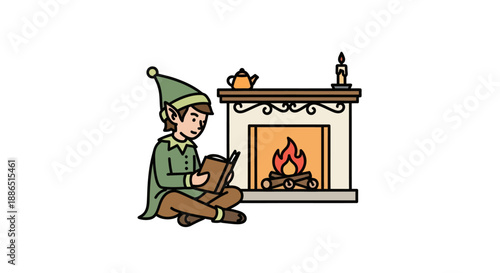 Cartoon Elf Reading a Book by a Cozy Fireplace.