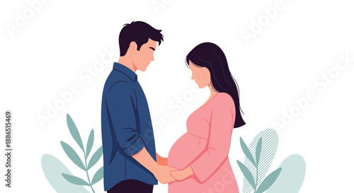 Loving couple stands together in a garden setting as the man gently holds his pregnant partners hands while they look down at her baby bump.