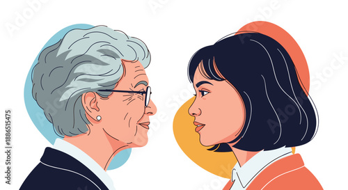 Meaningful encounter between an elderly woman with glasses and a younger woman looking into each others eyes with respect and understanding.