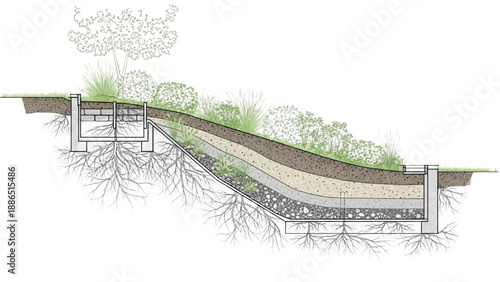 Detailed architectural cross-section of a sloped green roof system illustrating sustainable drainage and planting layers