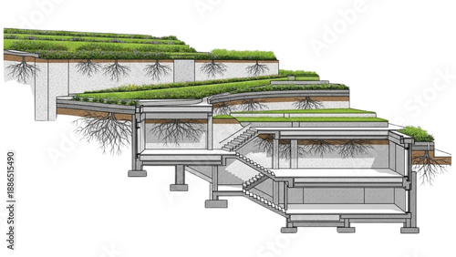 Green roof system cross-section showing layers and plant root growth