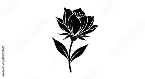 Elegant Black Silhouette of a Blooming Lotus Flower with Stem and Leaves.