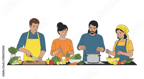 Diverse Group of Friends Cooking Healthy Meal Together in a Kitchen.