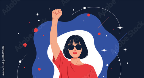 Determined woman wearing sunglasses raises her fist in a powerful protest gesture against a dark cosmic background with abstract shapes.