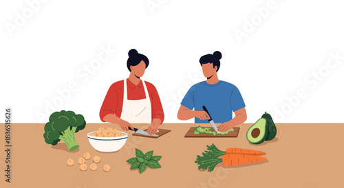 Two people preparing fresh vegetables and ingredients for a healthy meal.