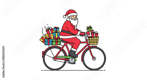 Cartoon Santa Claus in a red suit riding a bicycle with baskets full of Christmas gifts.