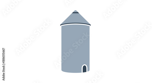 Isolated Gray Silo with Conical Roof and Small Door.