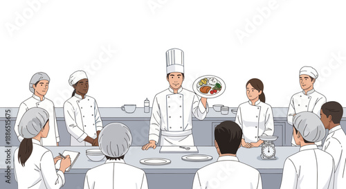 Professional Chef Presenting Plated Dish to Culinary Students in Cooking Class.