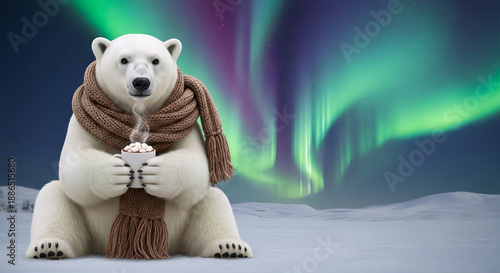 Cozy Polar Bear: A polar bear, swaddled in a warm scarf, finds comfort in a cup of steaming drink amidst a breathtaking aurora, embracing the beauty of the cold.