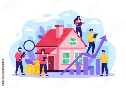 People working around a house with a growing graph and coins nearby, symbolizing financial growth and real estate