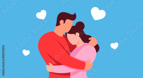 Couple Embracing with Love Hearts Background.