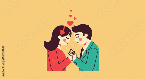 Couple in love holding hands with hearts floating above them.