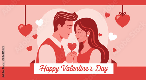 Romantic Couple Sharing Valentine's Day Love with Hearts.