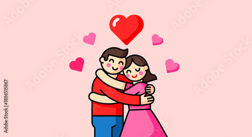 Cartoon illustration of a loving couple embracing with hearts around them.