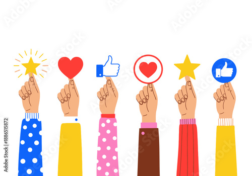 Colorful hands holding social media icons on for feedback and ratings