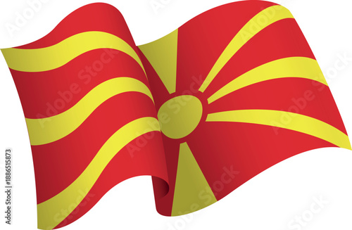 Flag of North Macedonia. Ribon style flag that conveys a sense of movement and waving effect