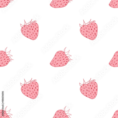 Minimalistic strawberries seamless pattern. Whimsical festive summer background in pink tones. Vector hand drawn simple illustration for fabric, packaging, wrapping paper, wallpaper